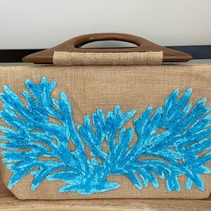 Beige and Blue Embroidered Handbag
